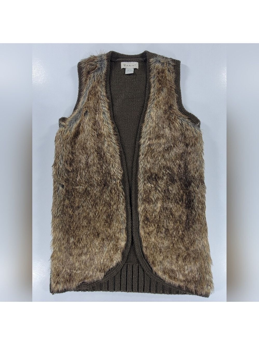 Ariat Sweater Vest Womens XS Brown Faux Fur Wool Blend Knit Open Western Sweater